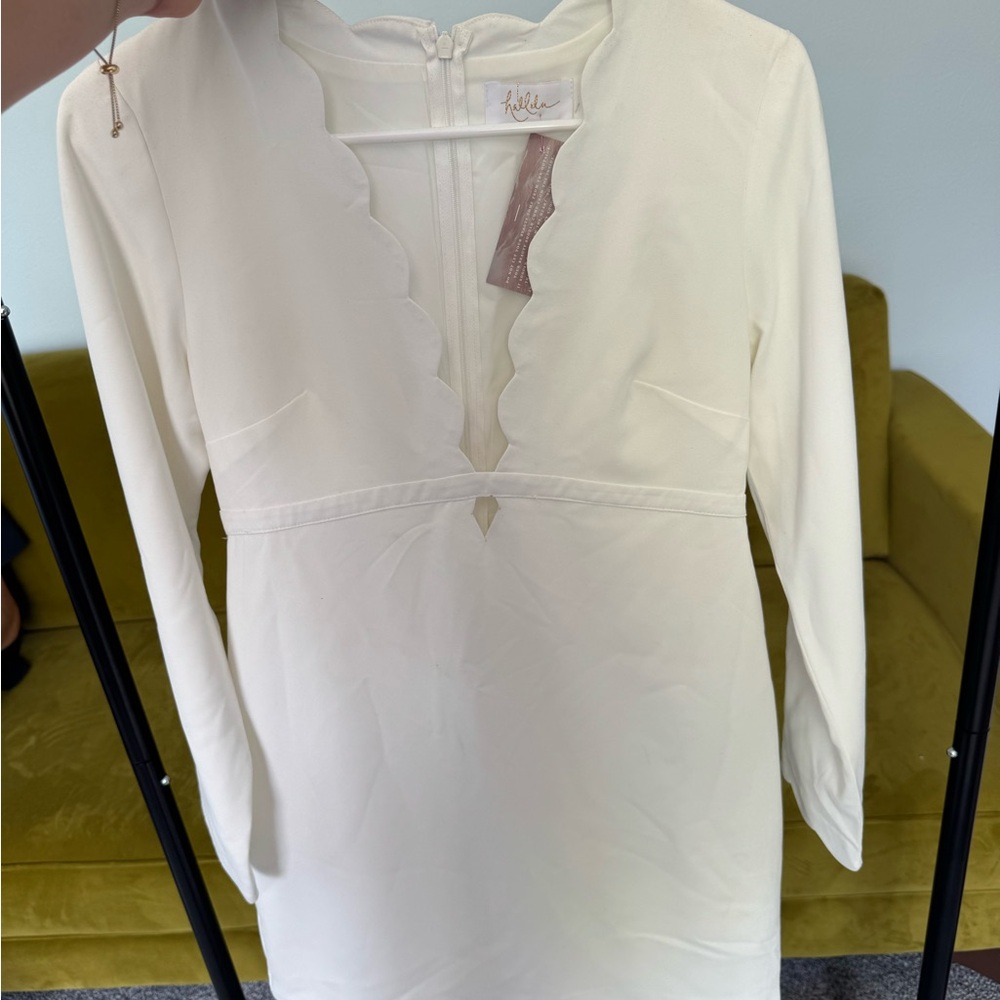 Mon Cheri Ivory Scalloped Long Sleeve Dress